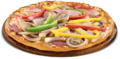 Tomatensaus, kaas, ham, salami, champignons en paprika.